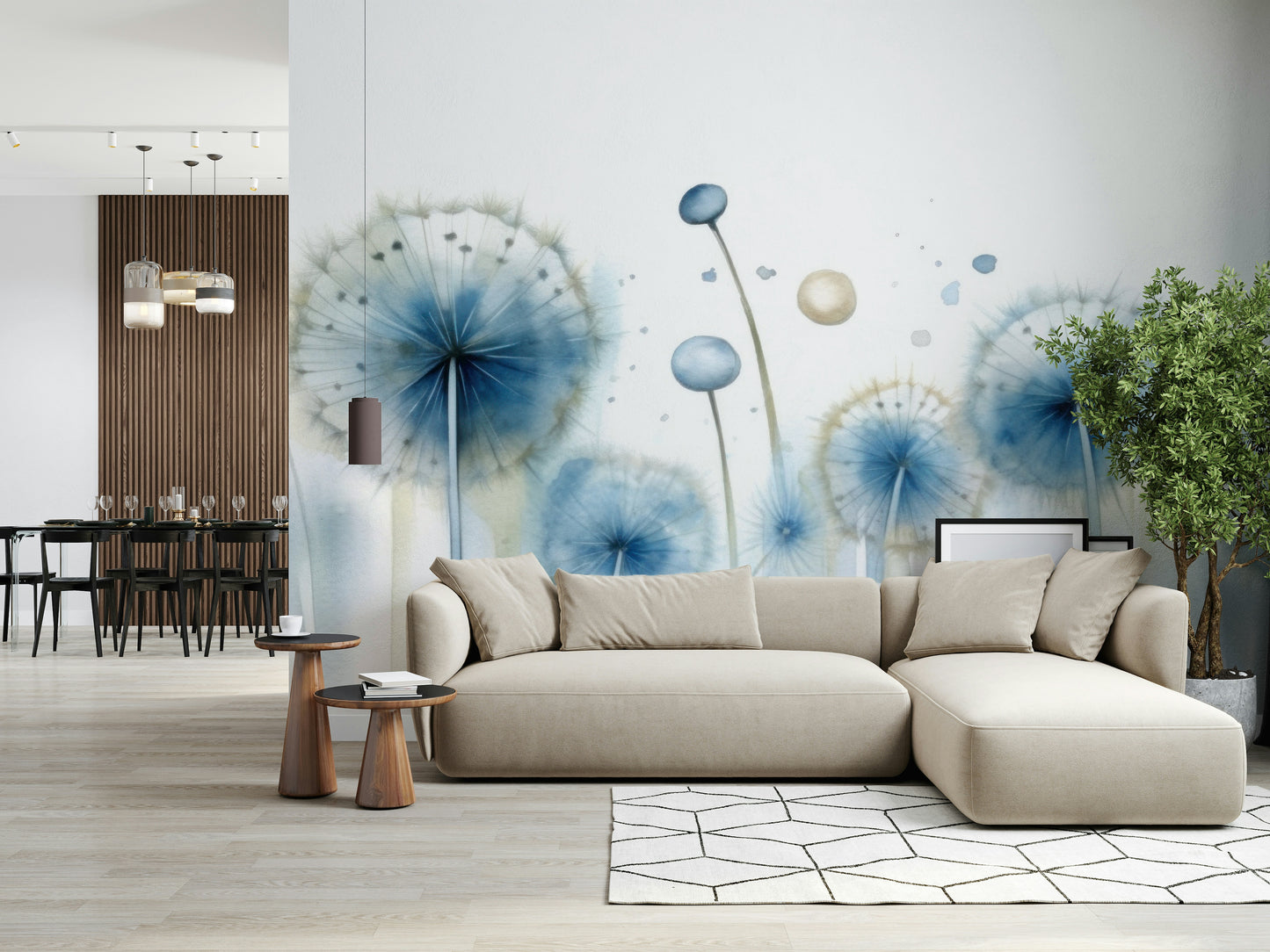 Azure Dandelion Whispers Wallpaper Mural – Elegant floral design featuring airy dandelion motifs in soothing blue hues.
