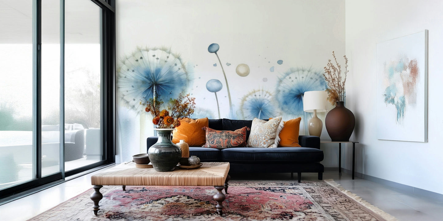 Blue Whisper Dandelion Wall Mural – Minimalist dandelion design set against a soft azure gradient background.