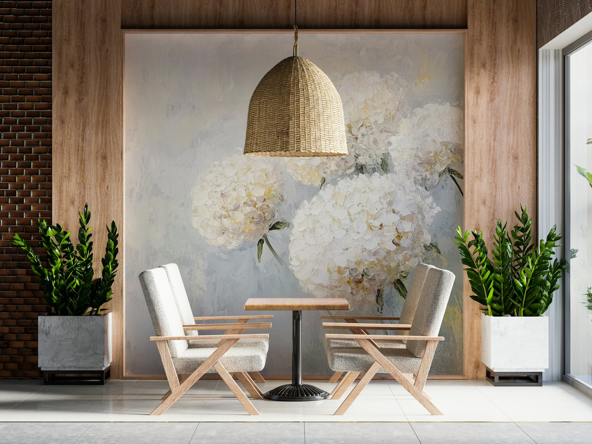 Painterly Floral Wall Mural – Modern floral impression wallpaper with muted pinks, whites, and greens.