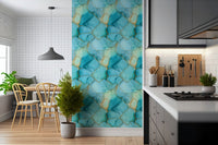 Blue-Green Marble Wallpaper with Gold Veins – Sophisticated mural inspired by natural marble and golden mineral details.
