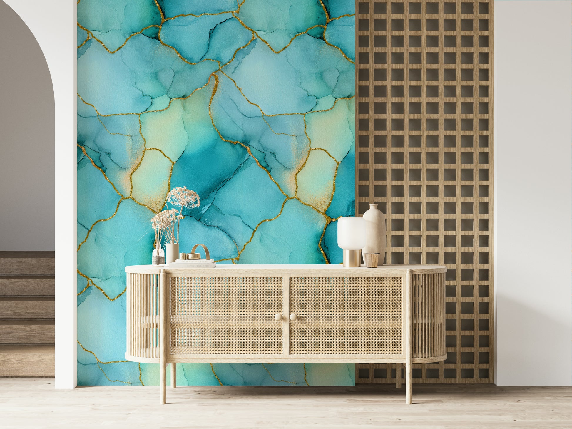 Aqua Dreams Marble Effect Wallpaper – Abstract marble swirl design blending turquoise, white, and gold tones for a serene look.