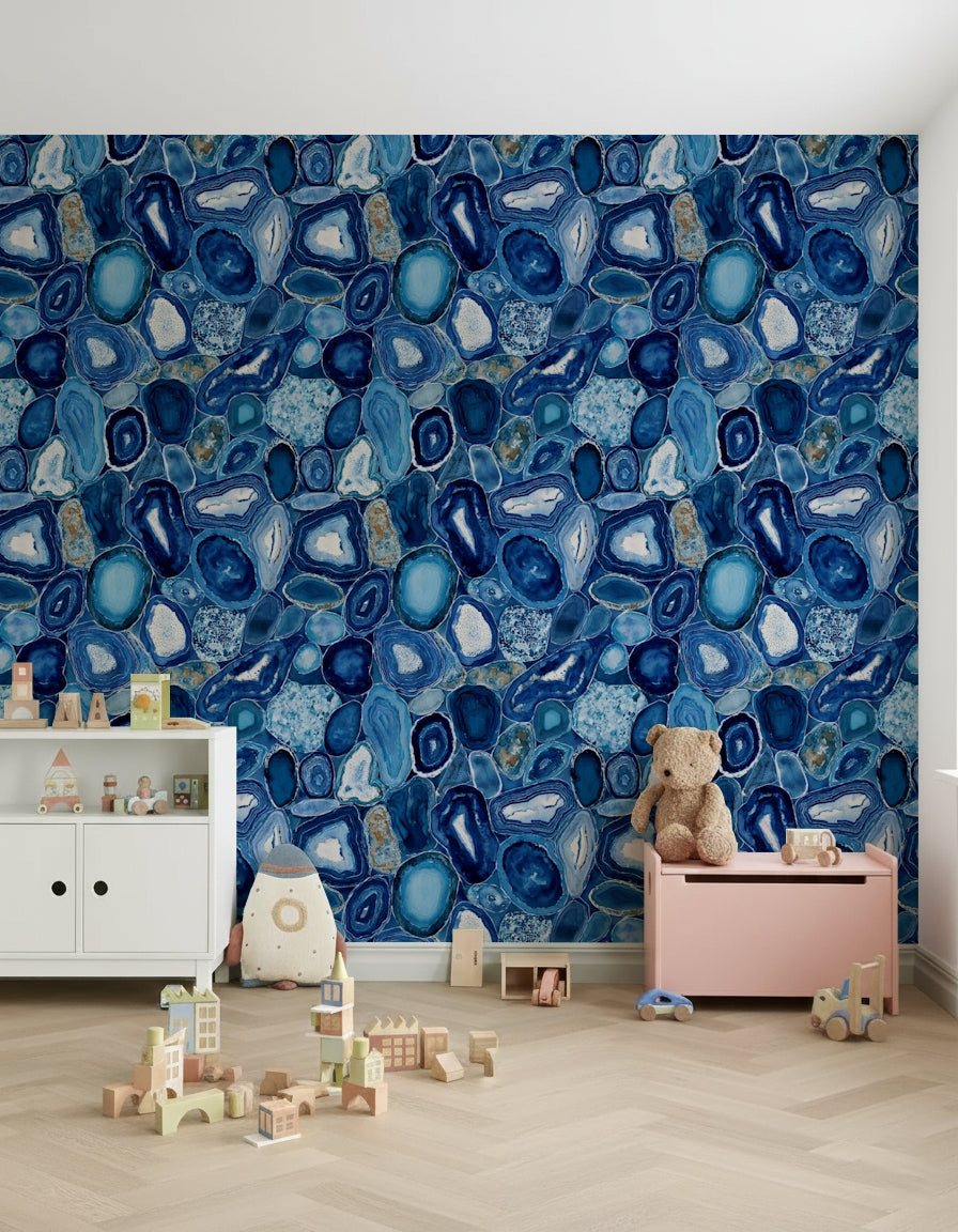 Decorative wall mural with abstract patterns of blue agate slices
