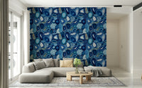 Luxurious wallpaper inspired by the organic shapes of blue agate stones
