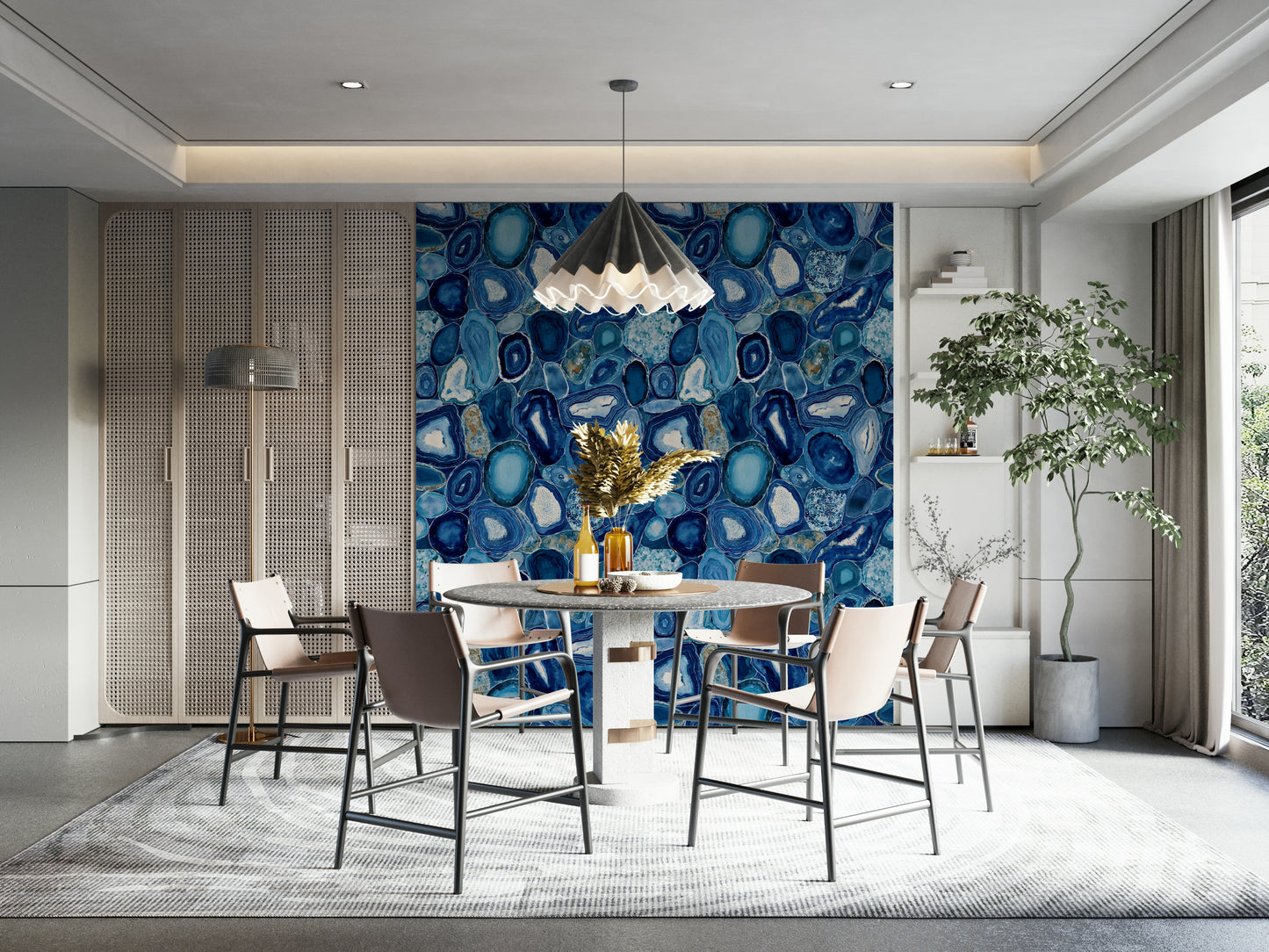 Modern wallpaper design featuring shimmering blue agate slices and patterns