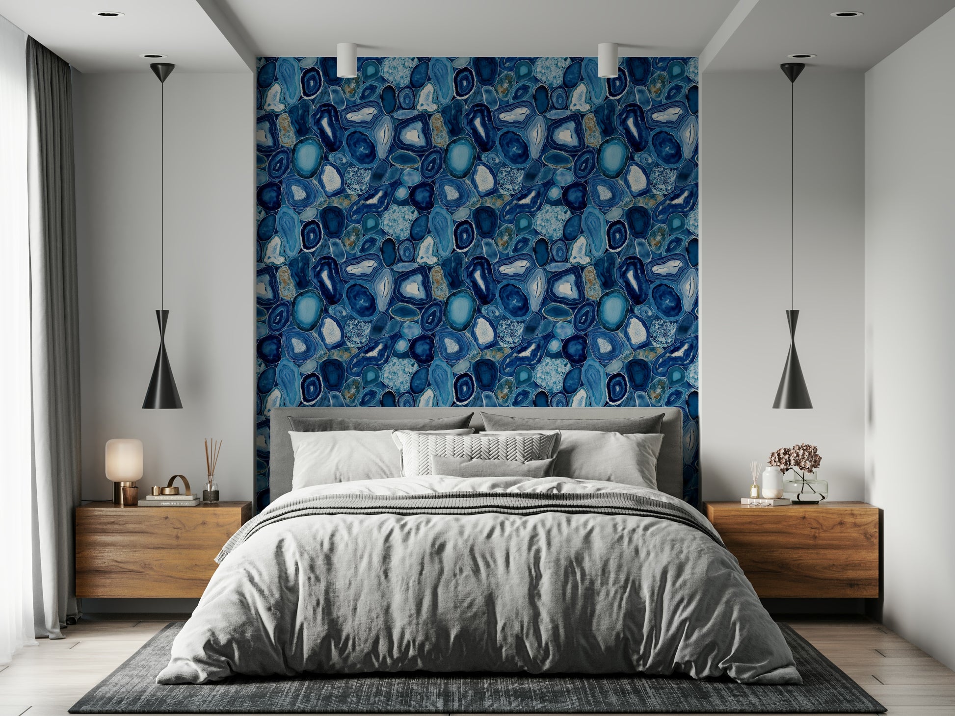 Elegant wallpaper featuring blue agate stone slices with natural patterns