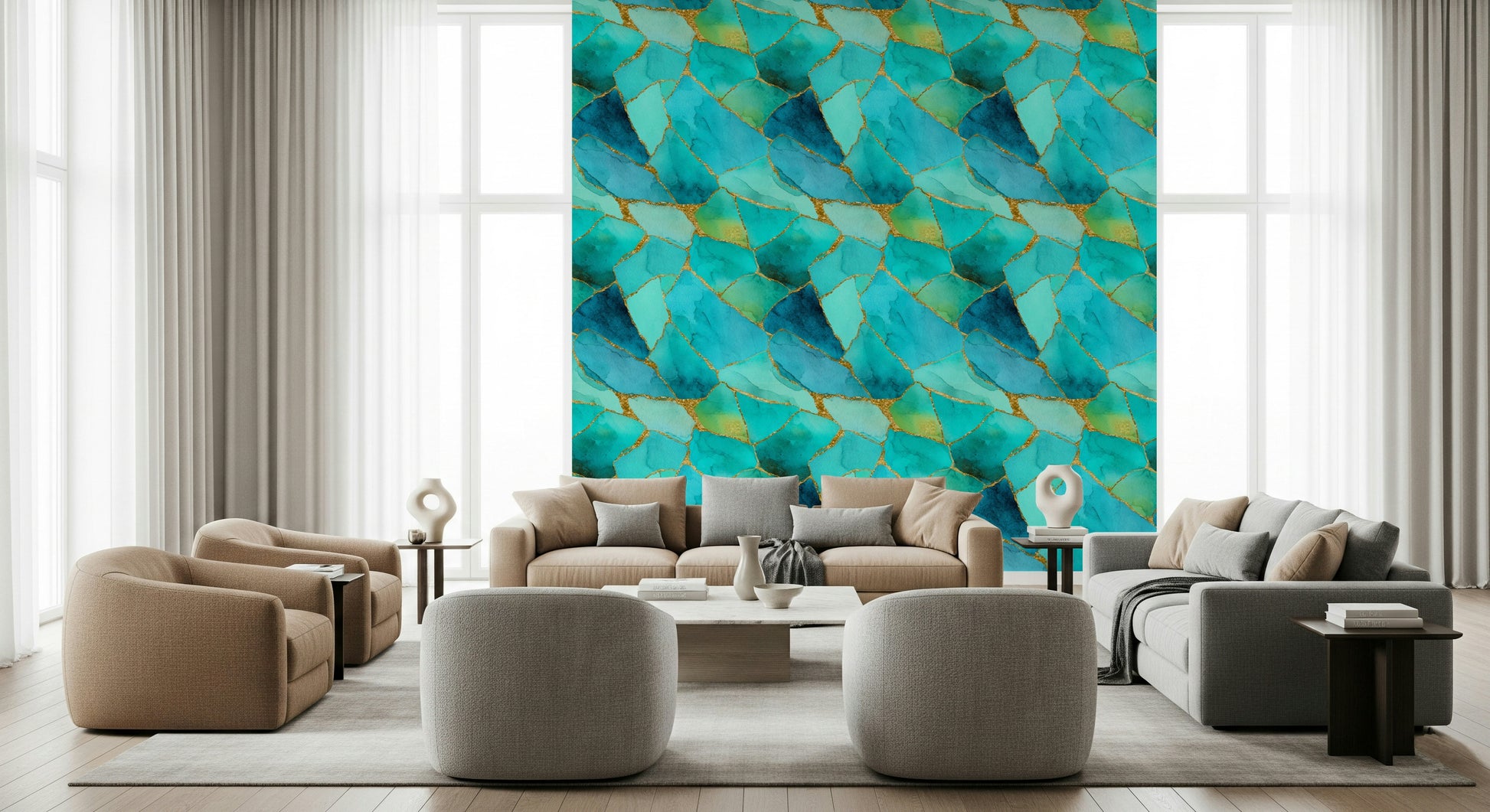 Detailed mosaic wallpaper with aqua marble slices accented with gold highlights