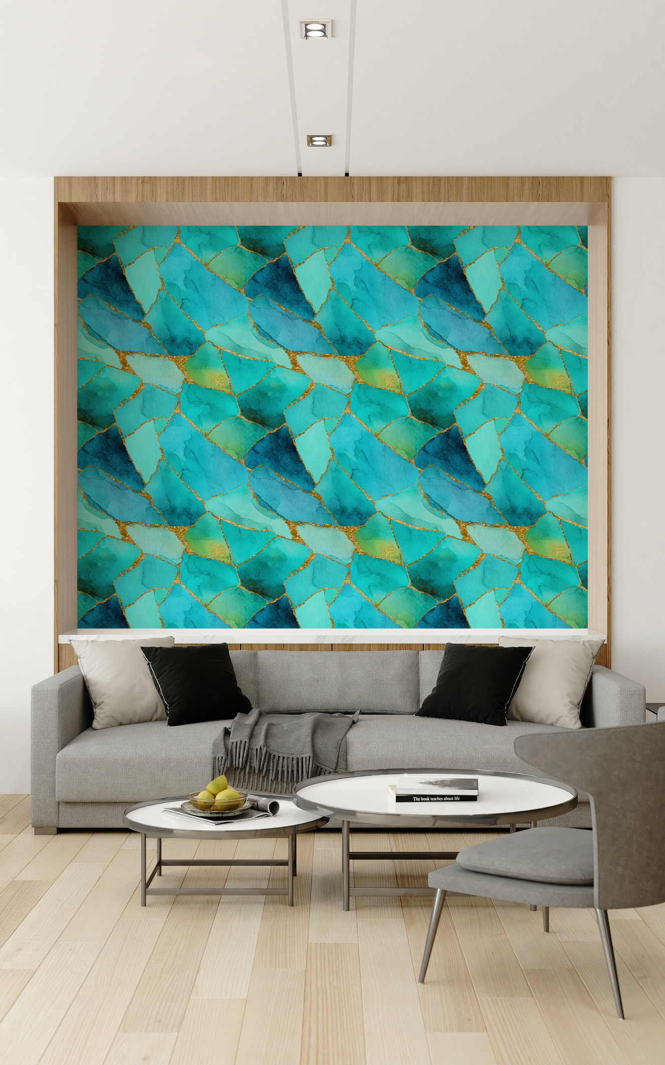 Luxurious wall covering with aqua marble tiles accented by gold veins