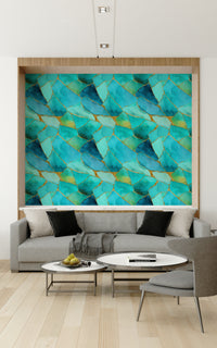 Luxurious wall covering with aqua marble tiles accented by gold veins