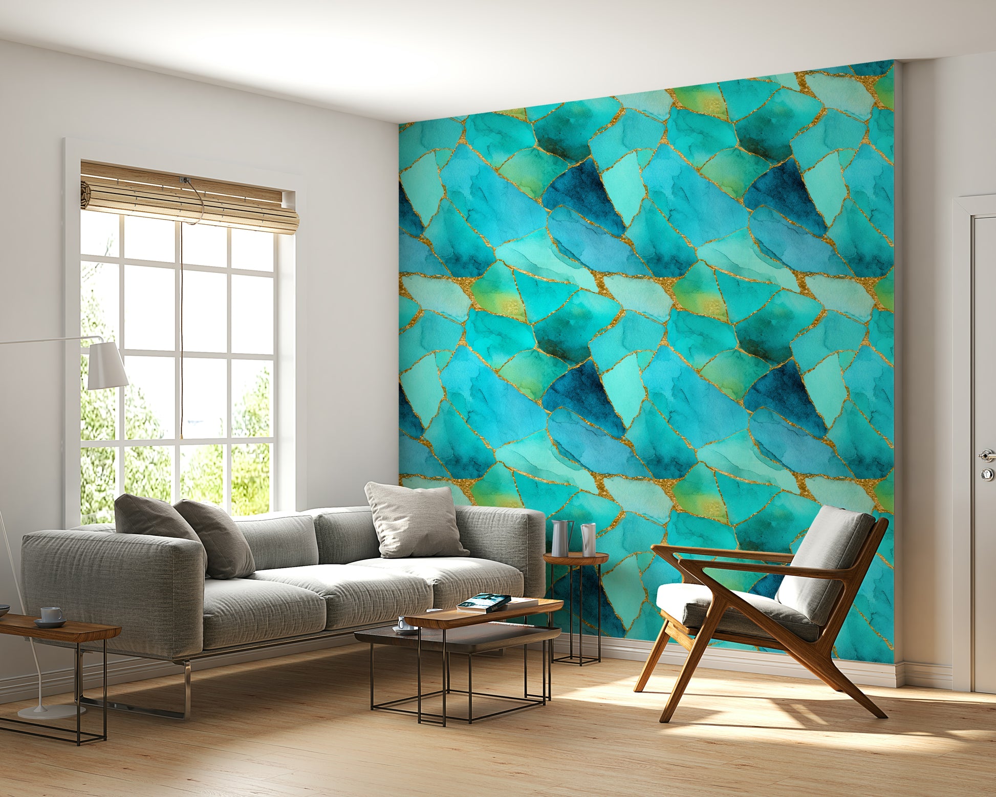 Contemporary wallpaper of aqua and gold marble creating a mosaic effect