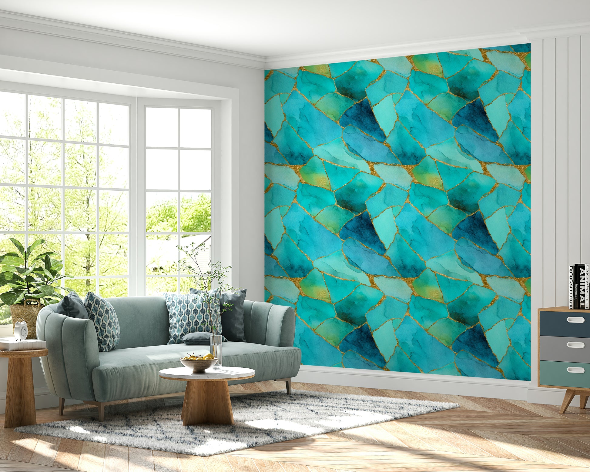 Decorative wall mural with geometric marble mosaic in aqua and gold tones