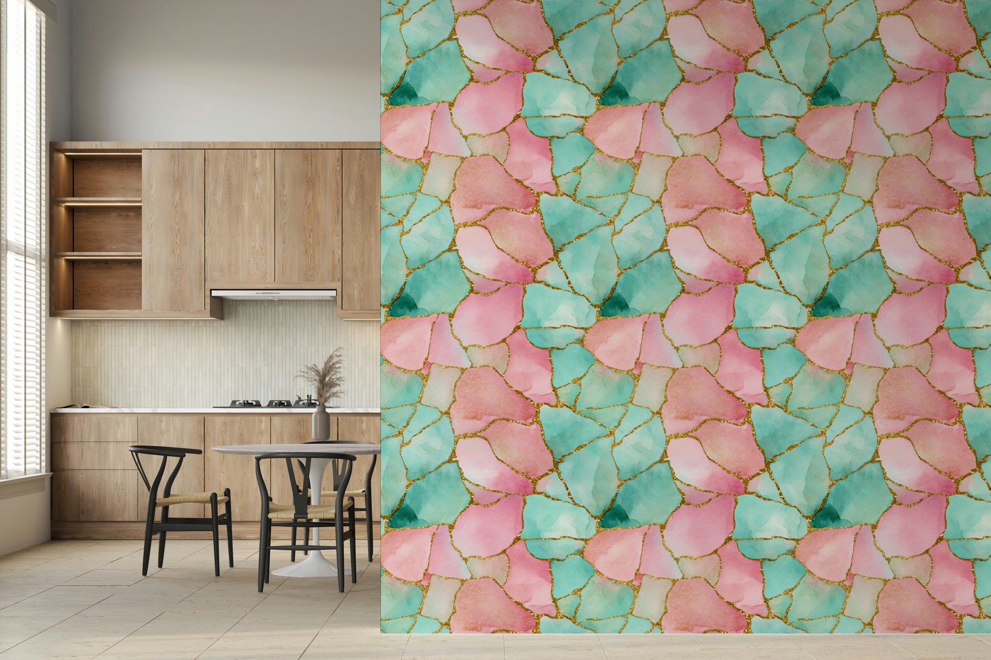 Nature-inspired wall mural mimicking flowing pink and turquoise waters with gilded touches