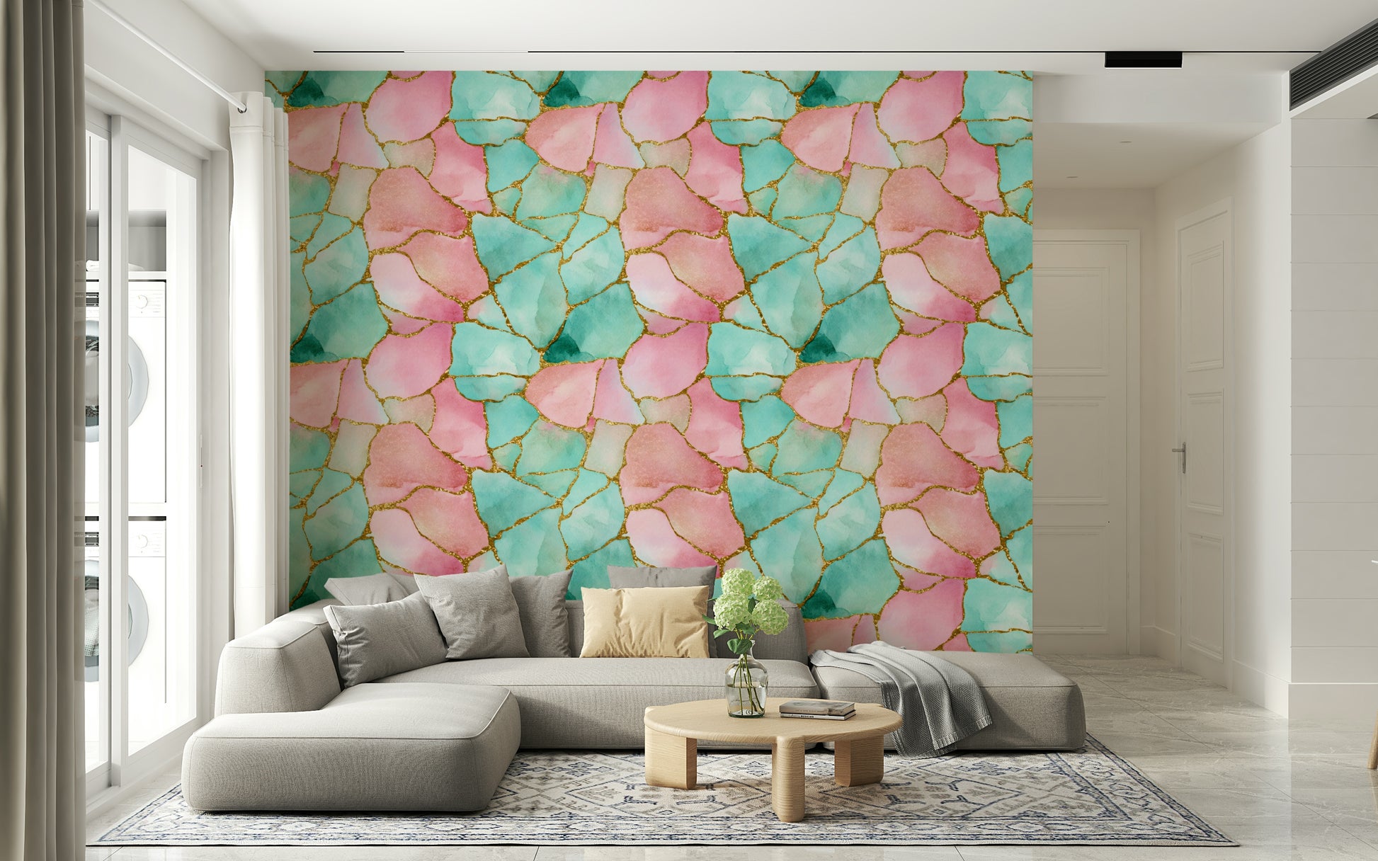 Vibrant wallpaper combining turquoise and pink tones with shimmering gilded details