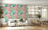 Luxurious wall covering with gilded gold details over pink and turquoise waves