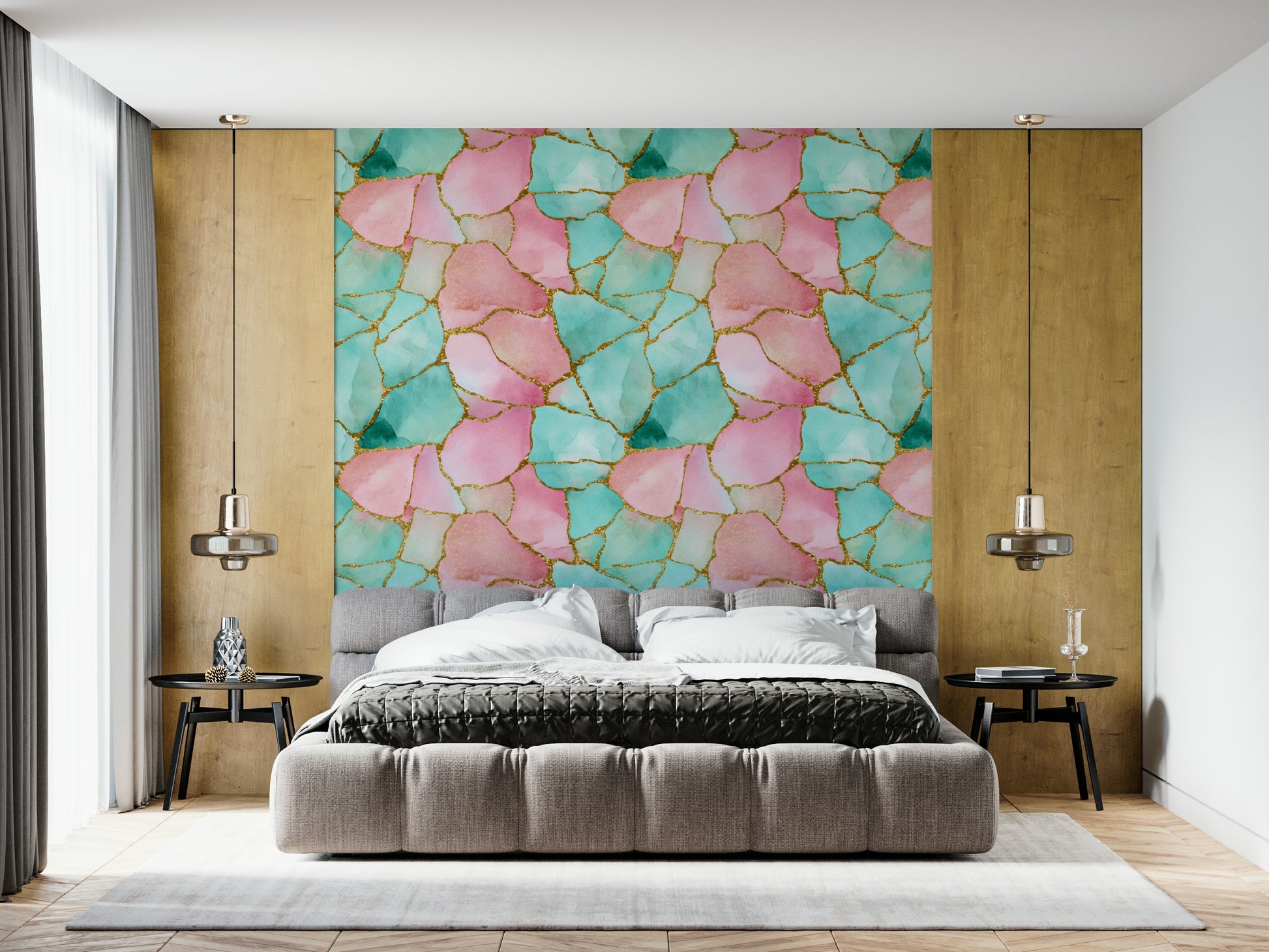 Artistic wallpaper inspired by flowing pink and turquoise waters with metallic highlights