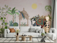 Whimsical mural of an elephant standing amidst tropical plants with peacock motifs