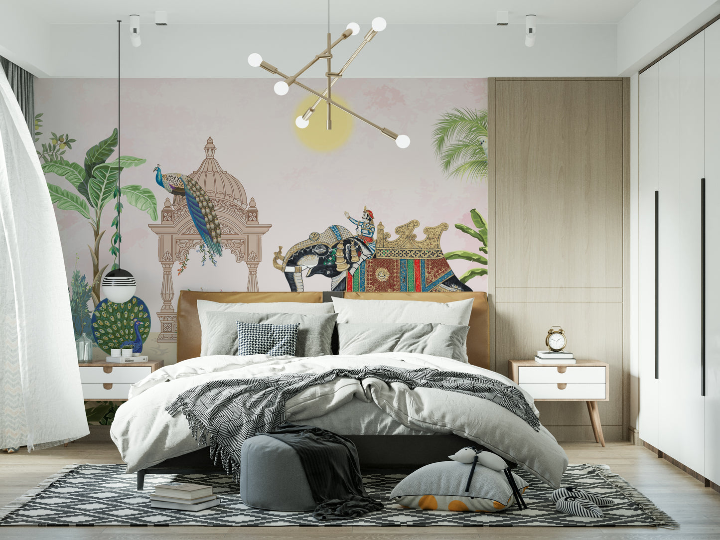 Exotic wildlife mural with elephant and peacock motifs in a tropical setting