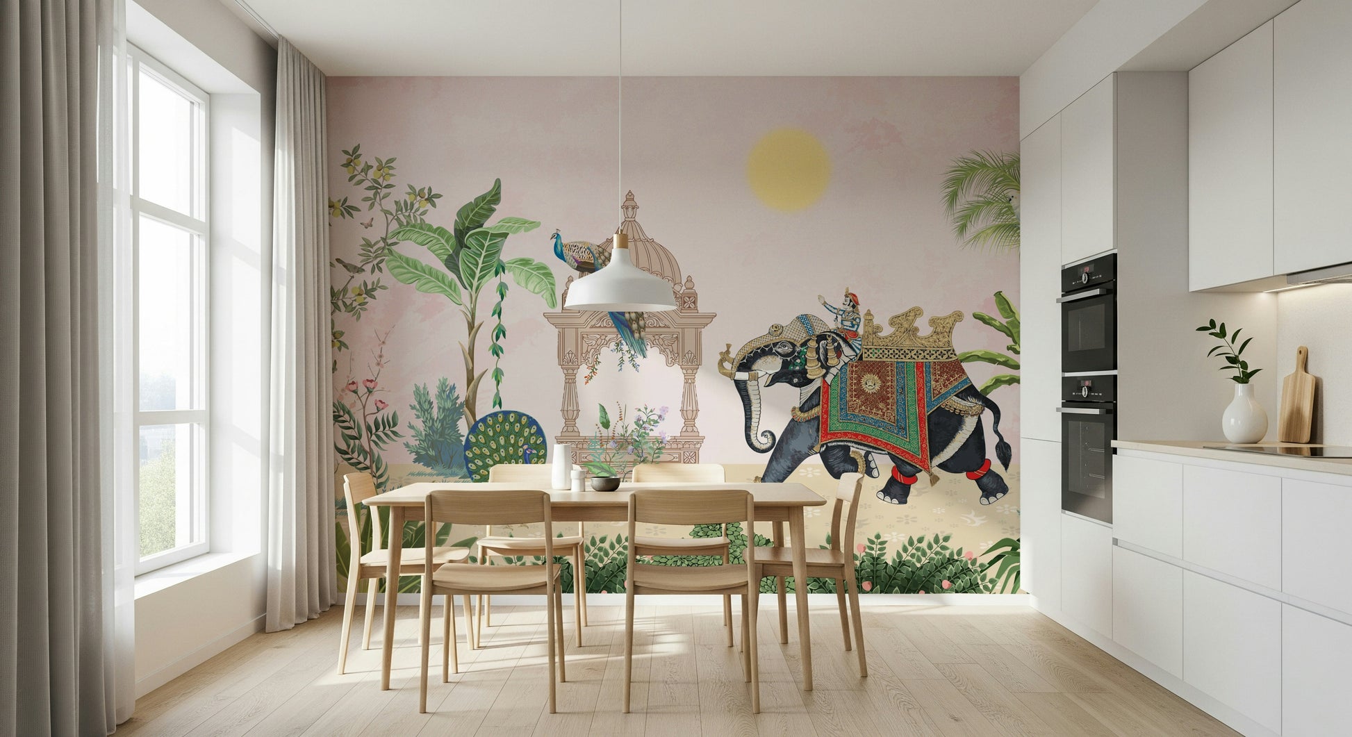 Lush jungle mural with an elephant and a peacock in vibrant detail