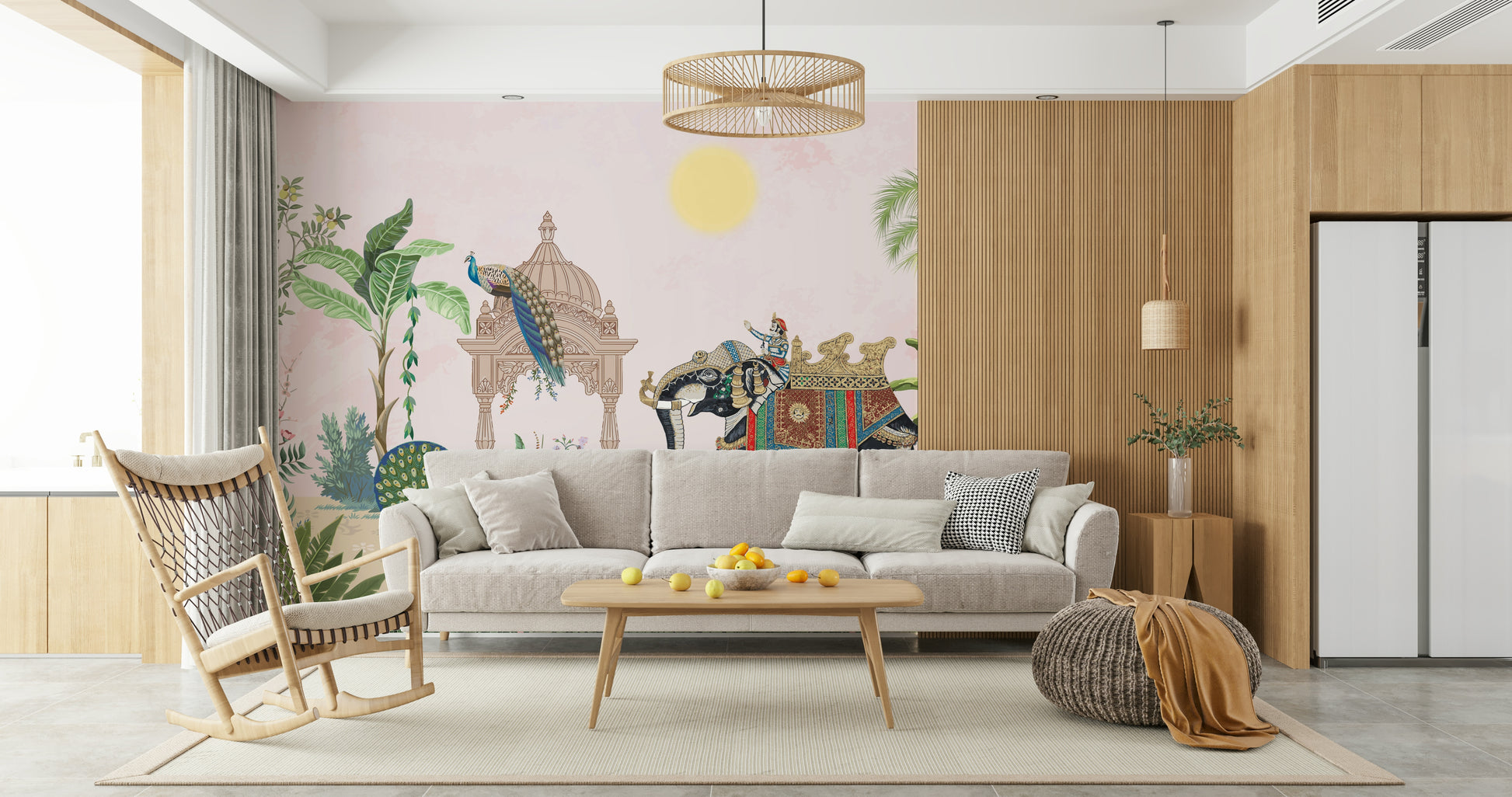 Decorative wall art featuring a majestic elephant and vivid peacock elements