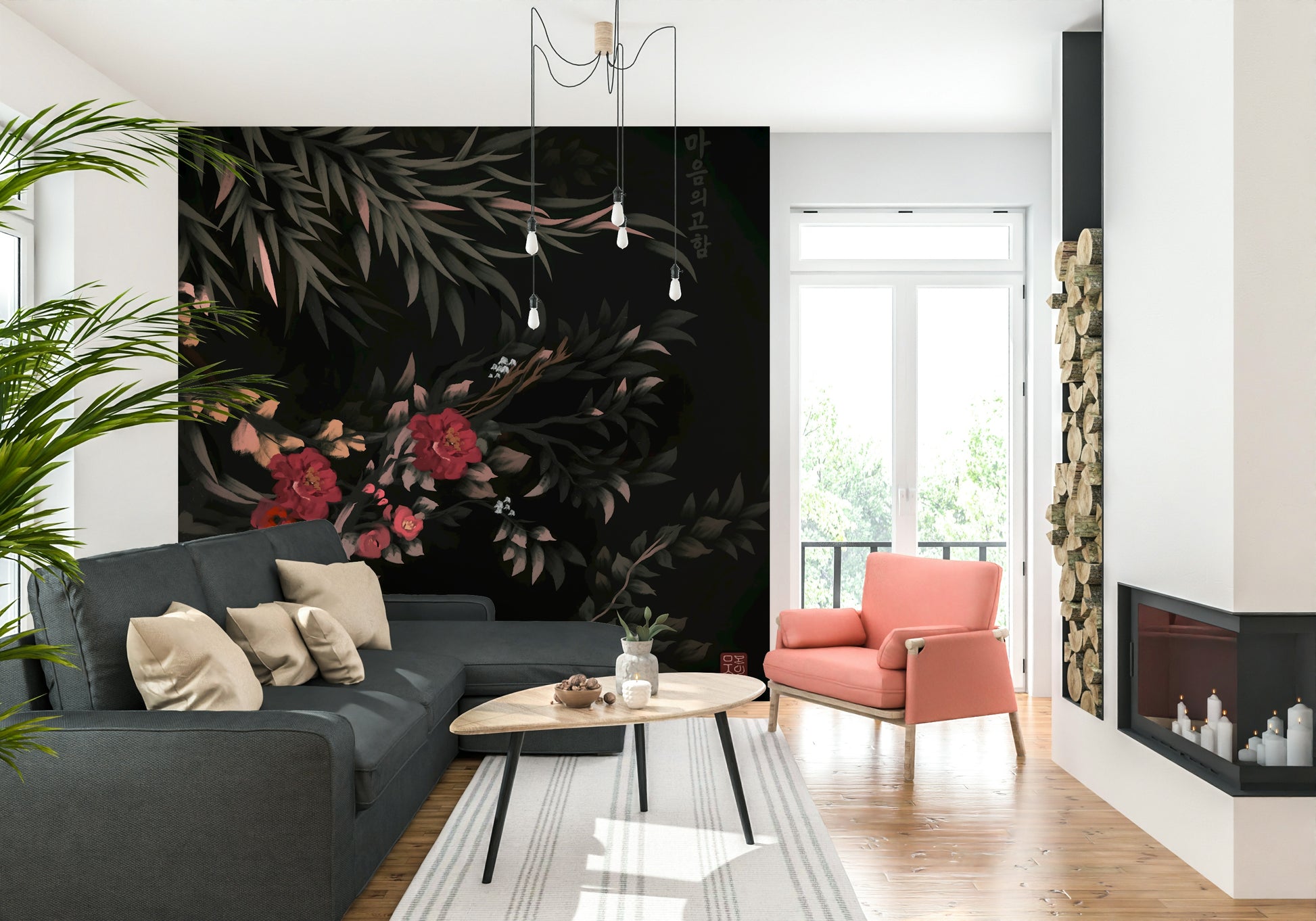 Joseon-style wall mural with intricate blossoms and folk art motifs