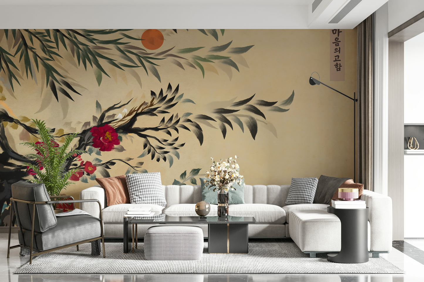 Decorative mural with delicate flowers in classic Joseon folk art style