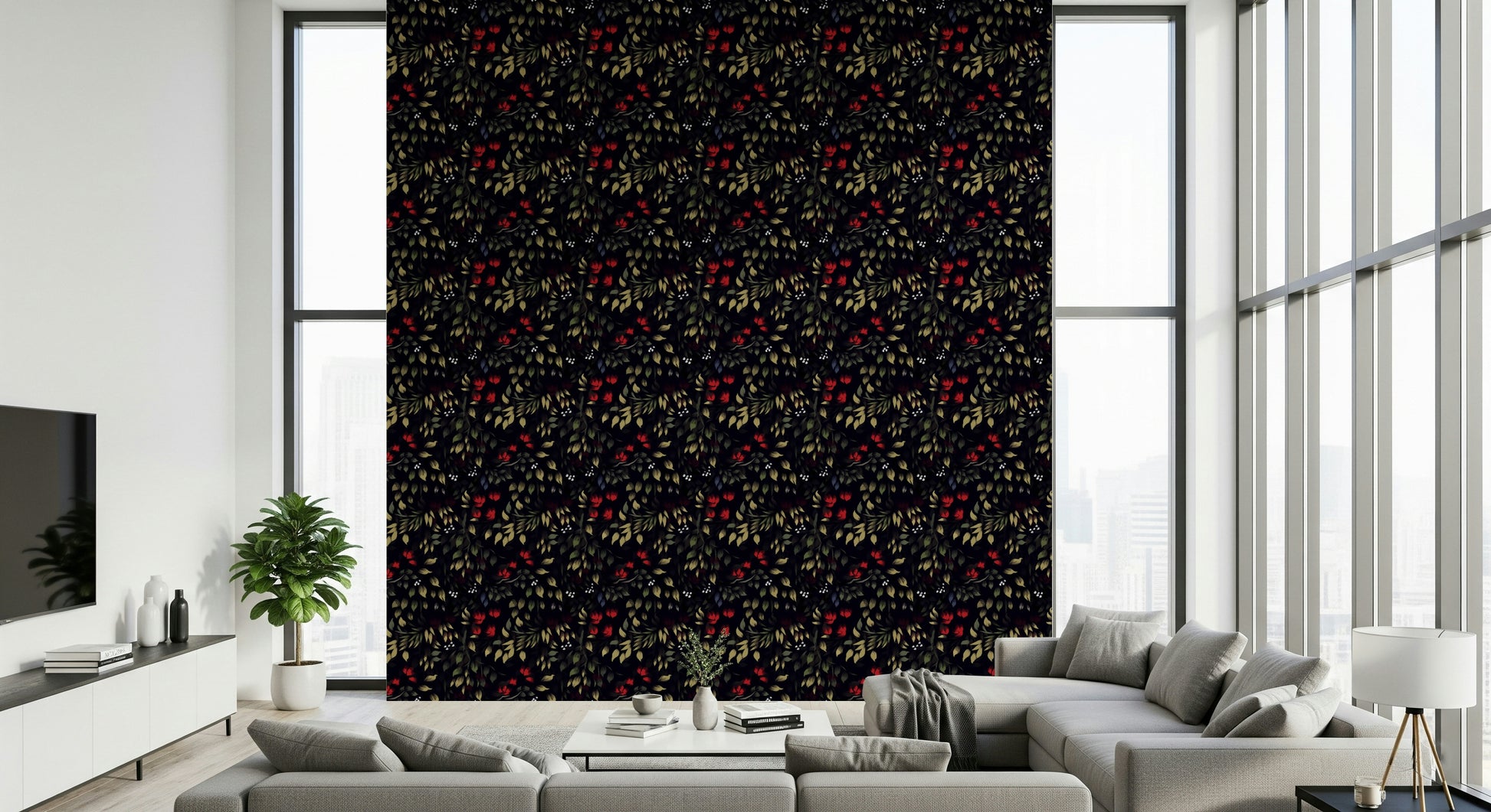 Decorative wall art of noir-inspired garden with lush botanical patterns