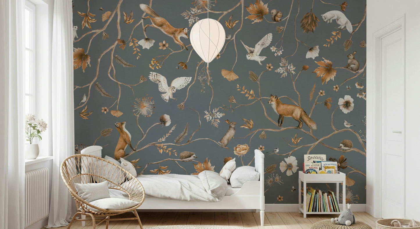 Woodland-themed mural featuring owls, foxes, and rabbits in enchanted scenery