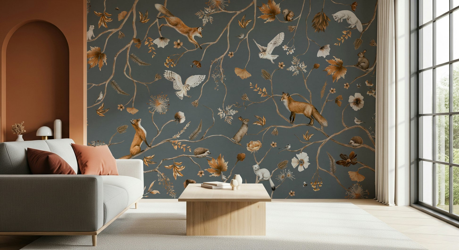 Serene forest mural with fairy-tale elements and friendly woodland animals