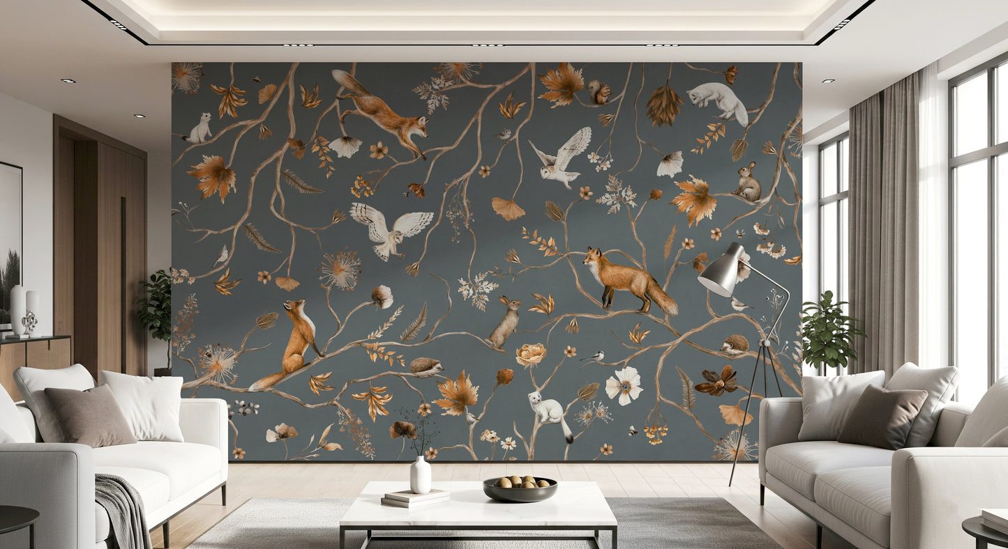 Storybook-style forest mural with playful animals in a leafy woodland