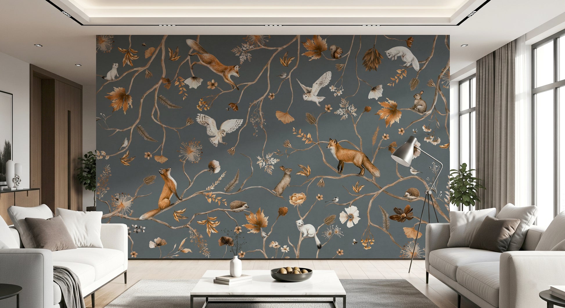 Storybook-style forest mural with playful animals in a leafy woodland