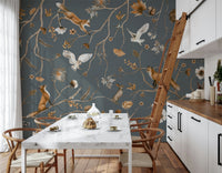 Enchanted forest wall art with foxes, owls, and deer among trees