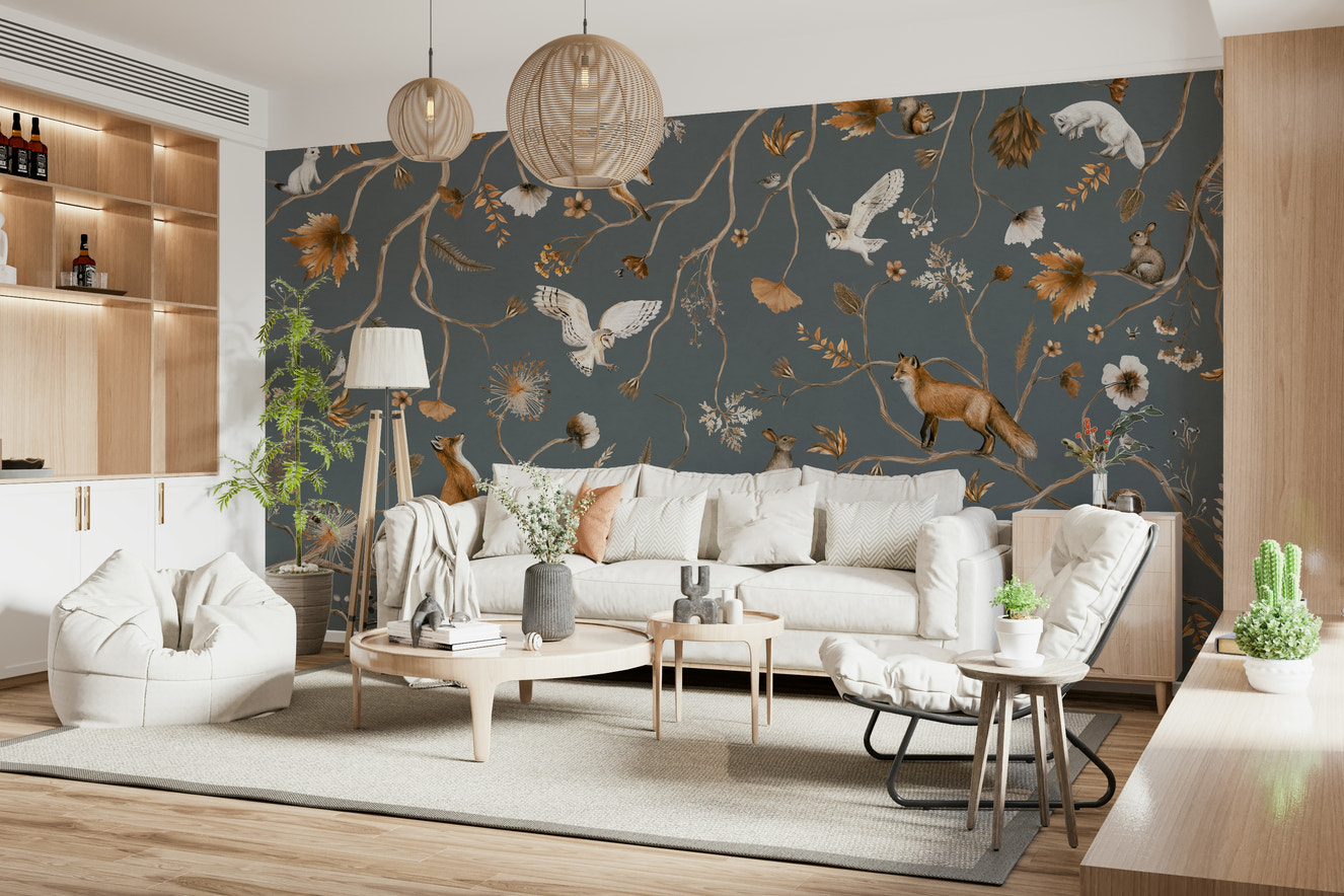 Whimsical woodland mural featuring forest animals and lush greenery