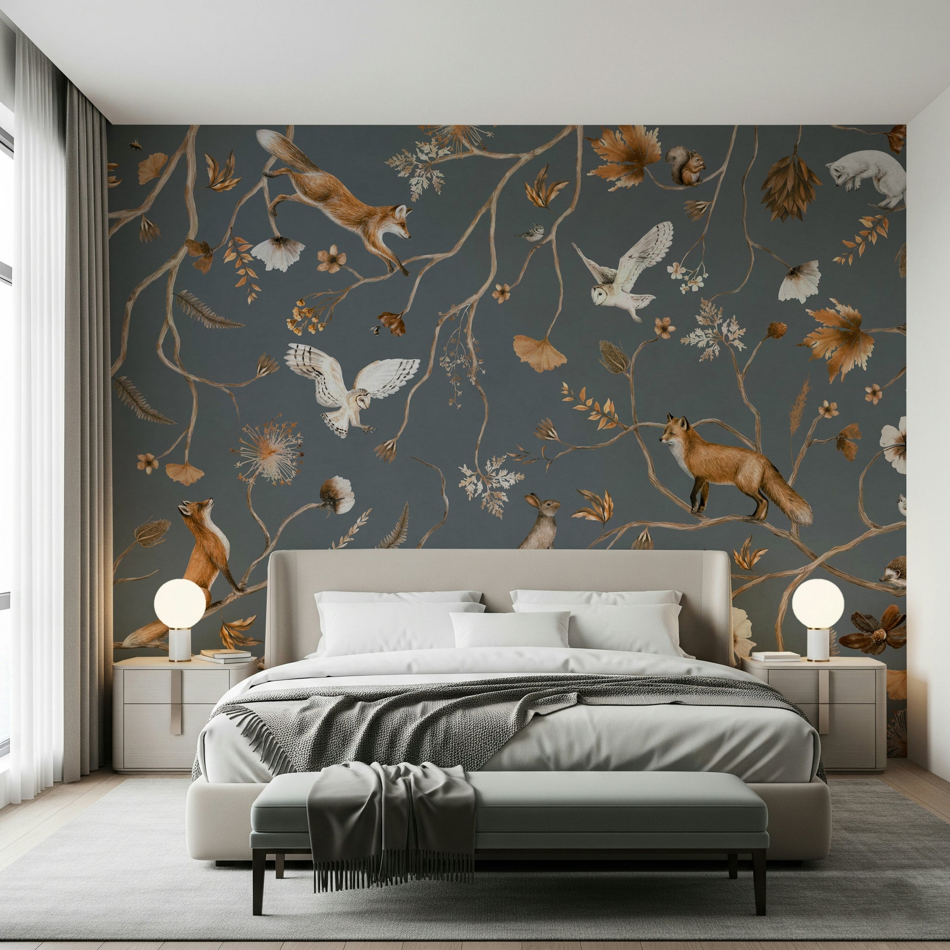 Lush forest wall art with whimsical animals in a magical woodland setting