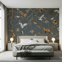 Lush forest wall art with whimsical animals in a magical woodland setting