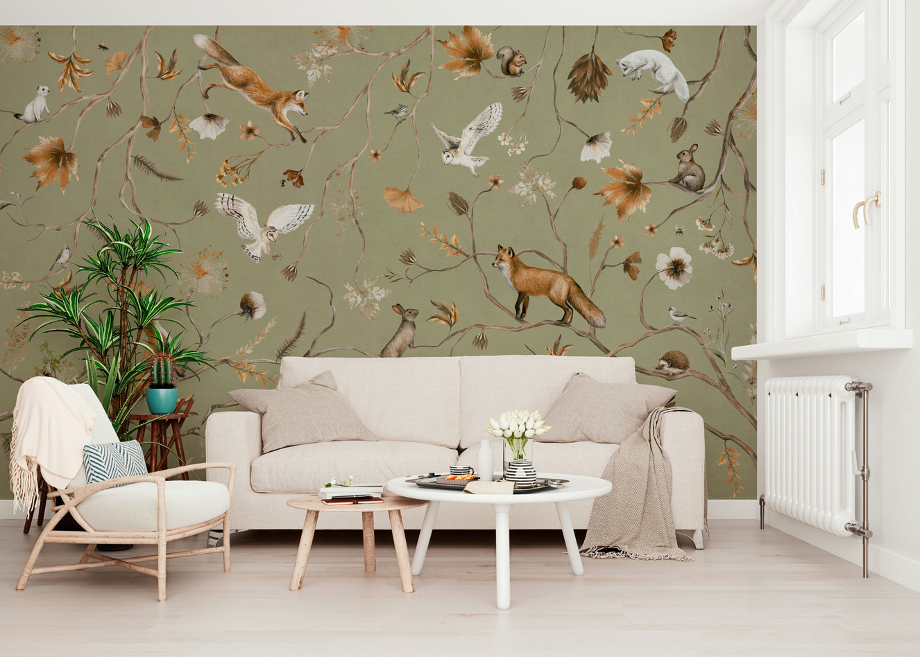 Nature-inspired mural of a forest arbor in rich fall colors