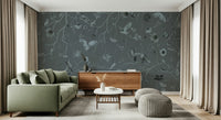 Woodland-themed wall covering with whimsical trees and soft gray details