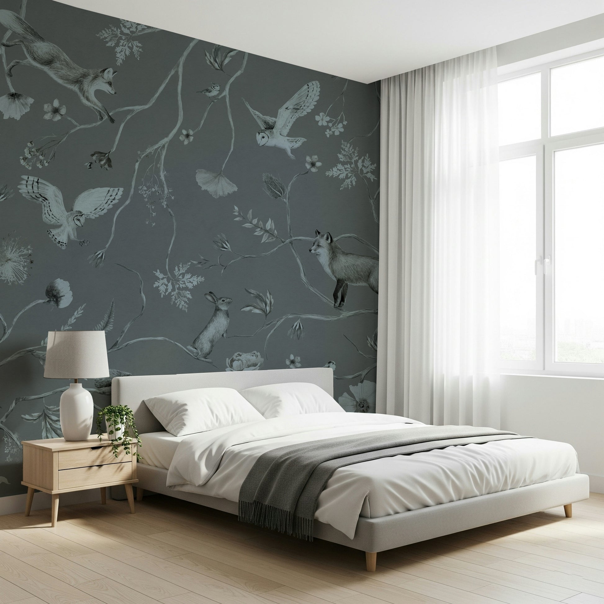 Elegant wall mural with whimsical woodland elements in gray shades