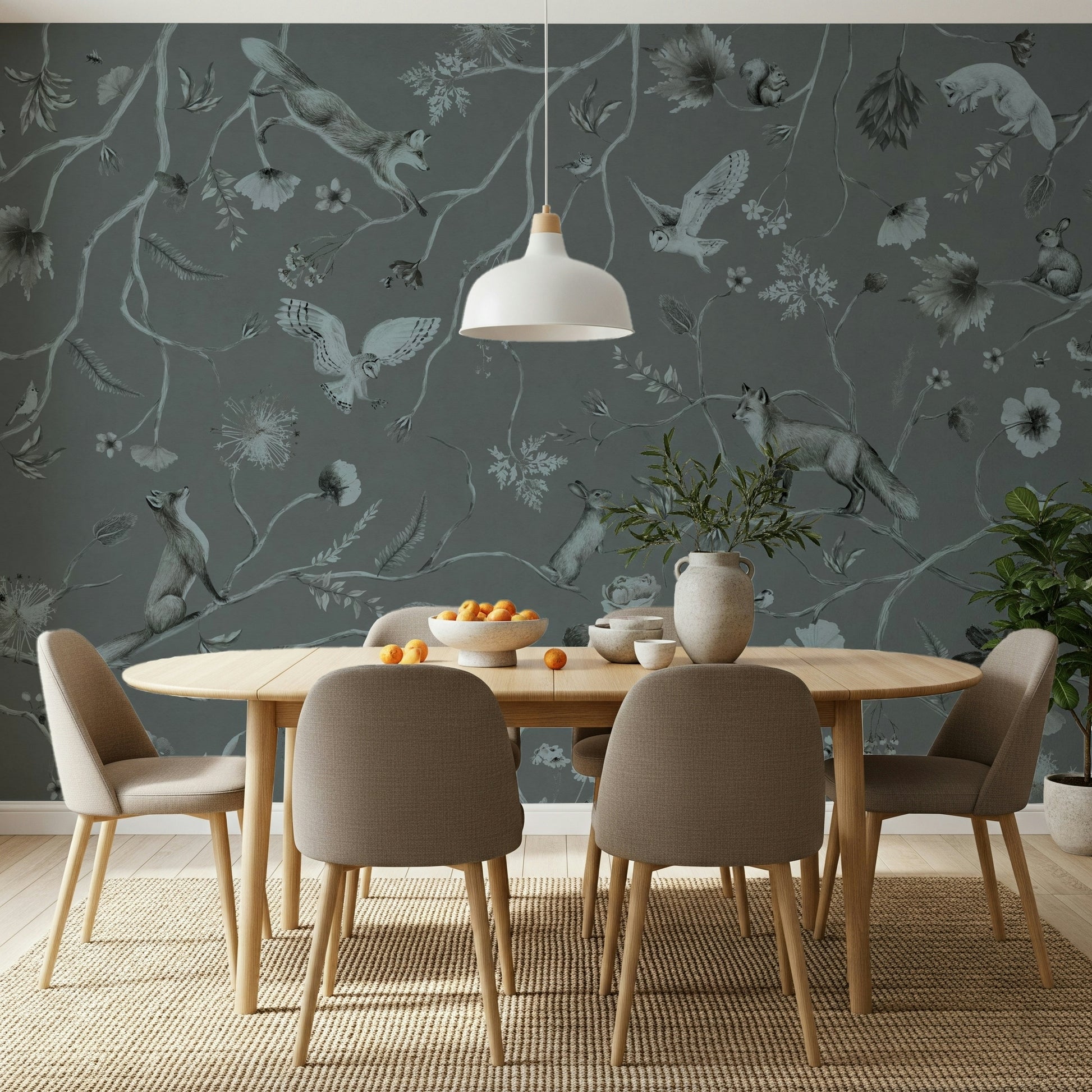 Artistic mural of a tranquil gray woodland landscape with subtle textures