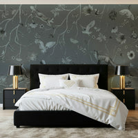 Lush forest mural in muted gray tones creating a calming woodland scene