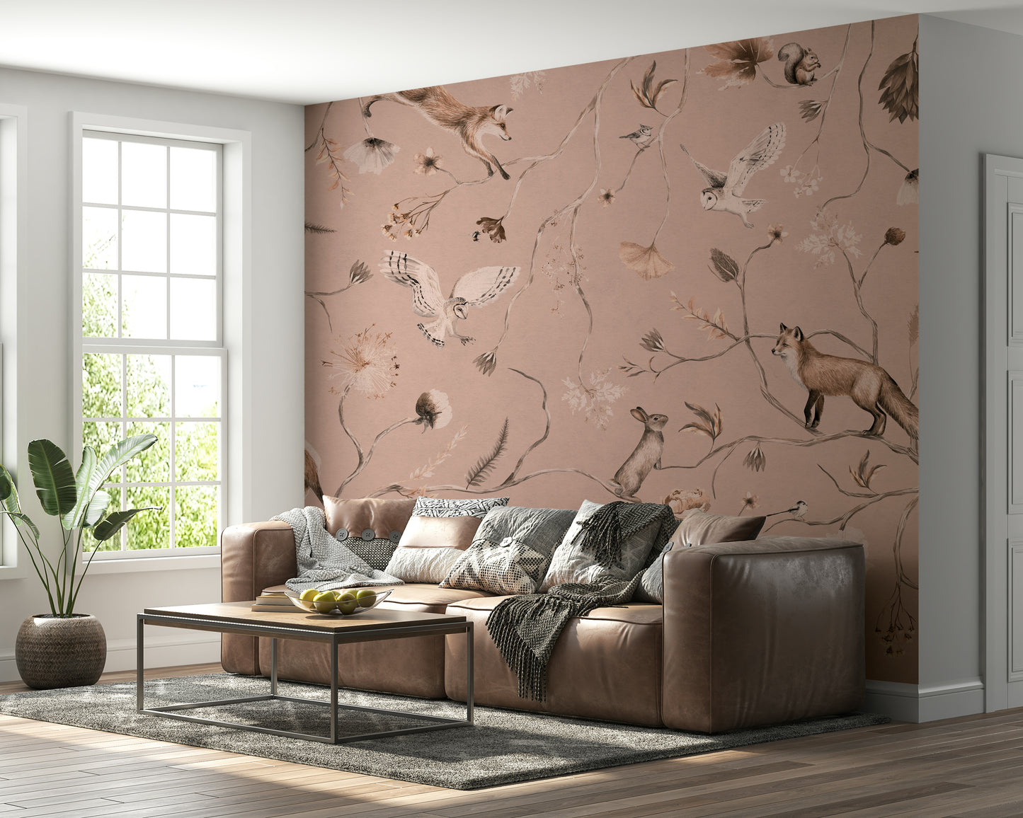 Whimsical mural of woodland trees and soft greenery in a tranquil setting