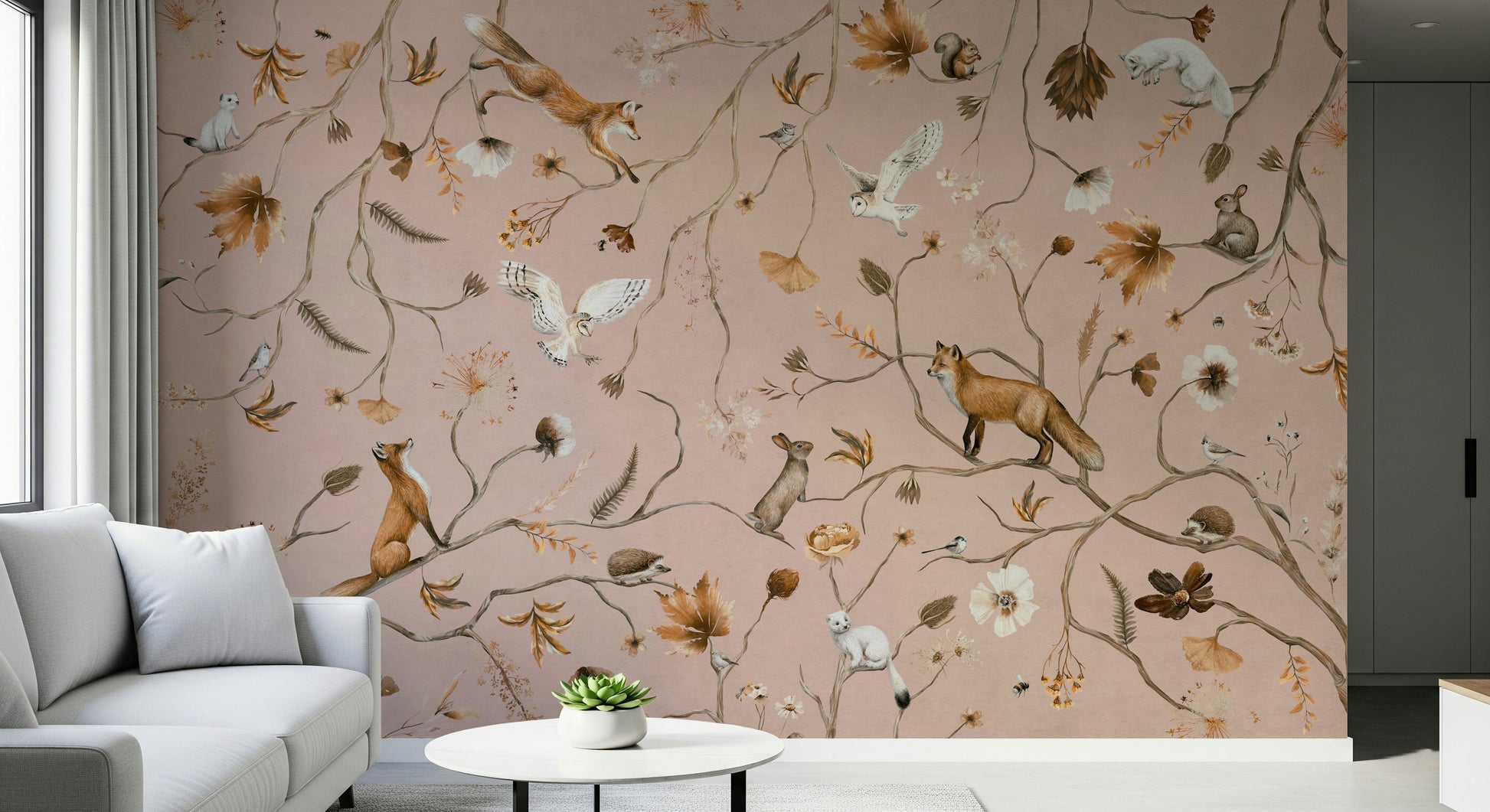 Whimsical forest mural featuring woodland animals in a storybook setting