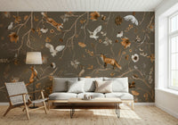 Woodland-themed wall covering with friendly animals and dense foliage
