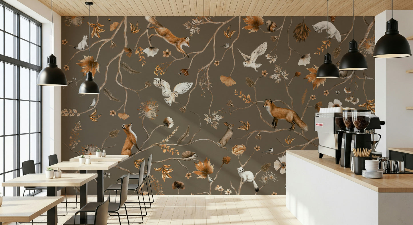 Lush woodland mural showcasing friendly animals amidst leaves and plants