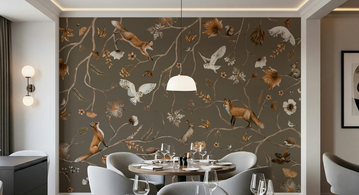 Nature-inspired mural with deer, foxes, and rabbits in a serene forest scene