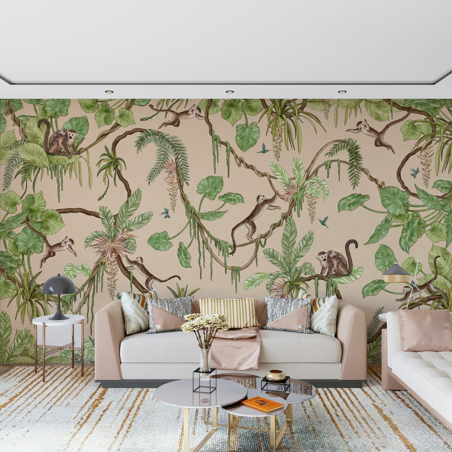Lush jungle mural with monkeys climbing trees and interacting with birds