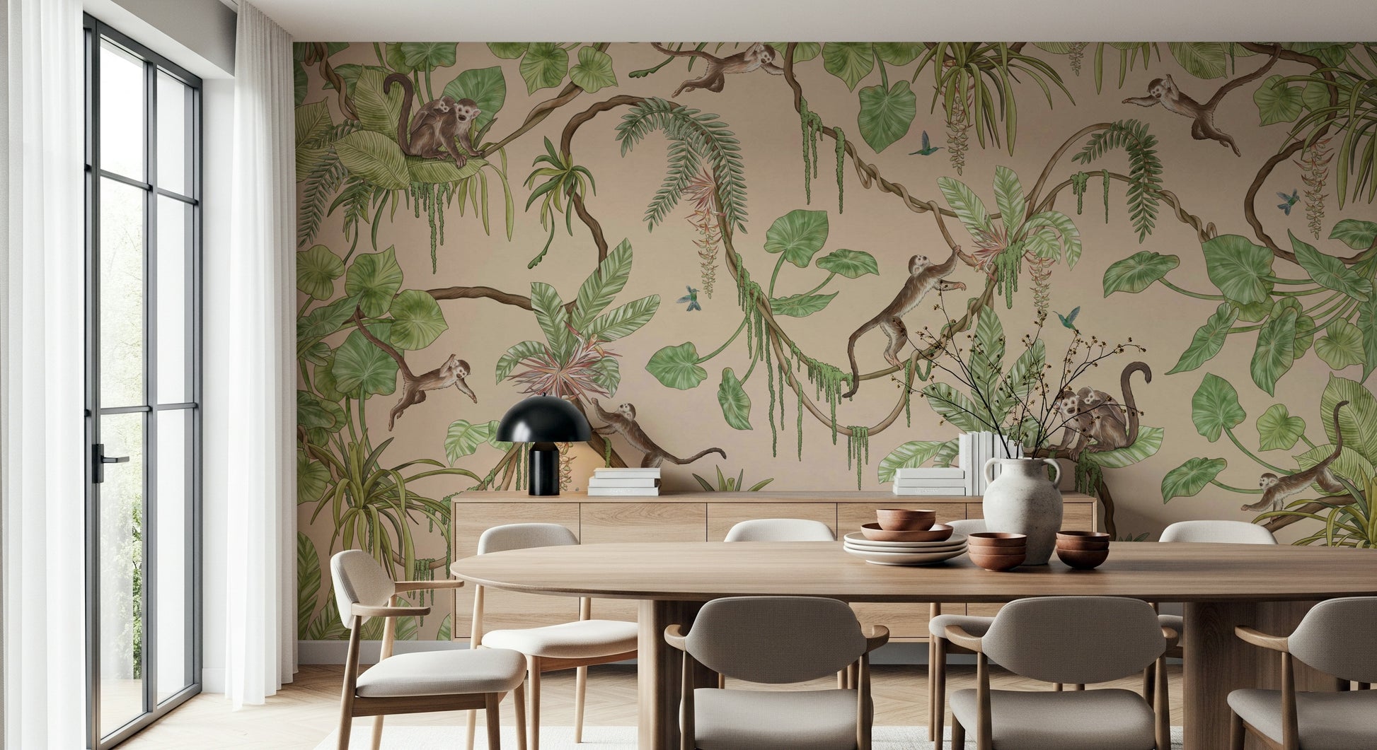 Playful monkeys swinging and exploring a lush tropical jungle mural