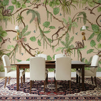 Artistic wall covering blending playful animals with jungle greenery