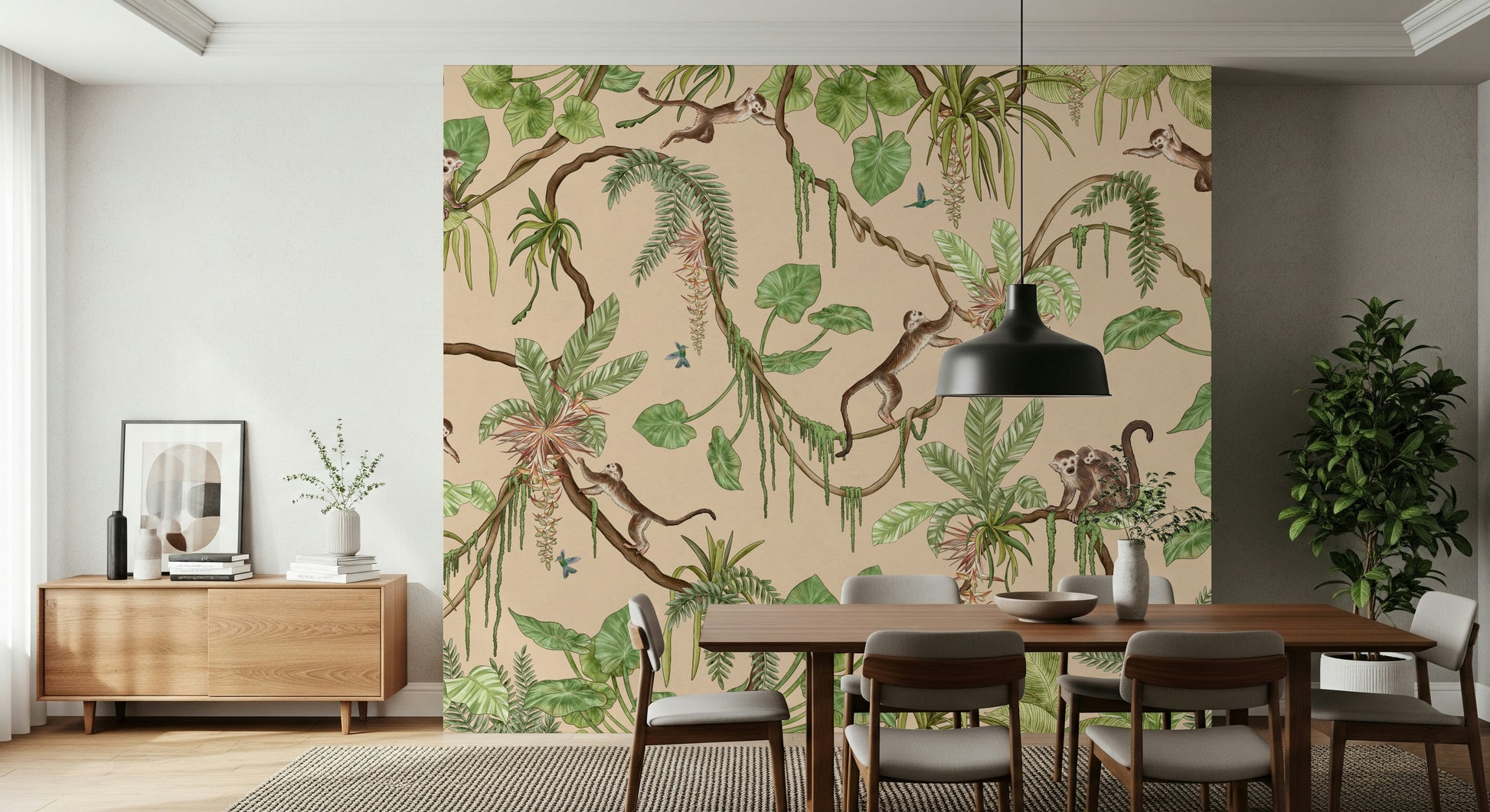 Jungle-inspired wallpaper showing lively wildlife in their tropical habitat