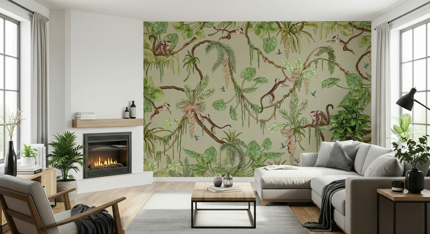 Colorful jungle mural featuring playful animals interacting amid lush plants