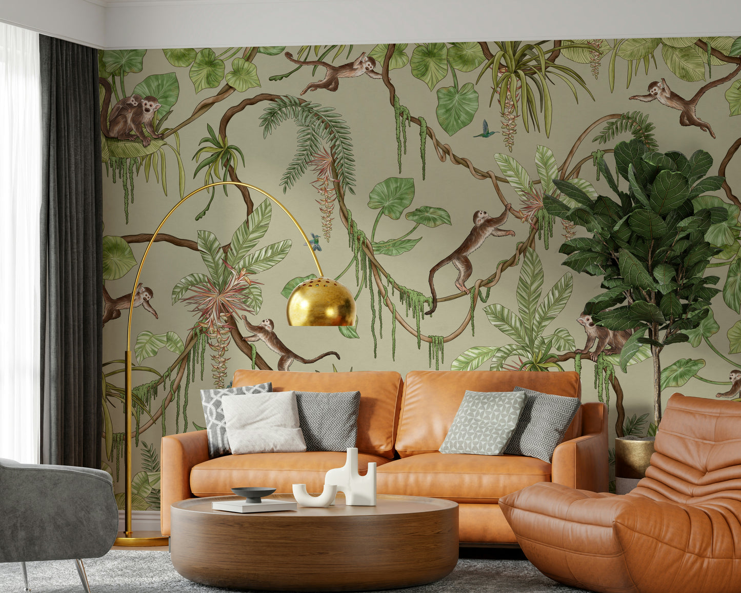 Fun and adventurous mural with monkeys, birds, and dense jungle foliage