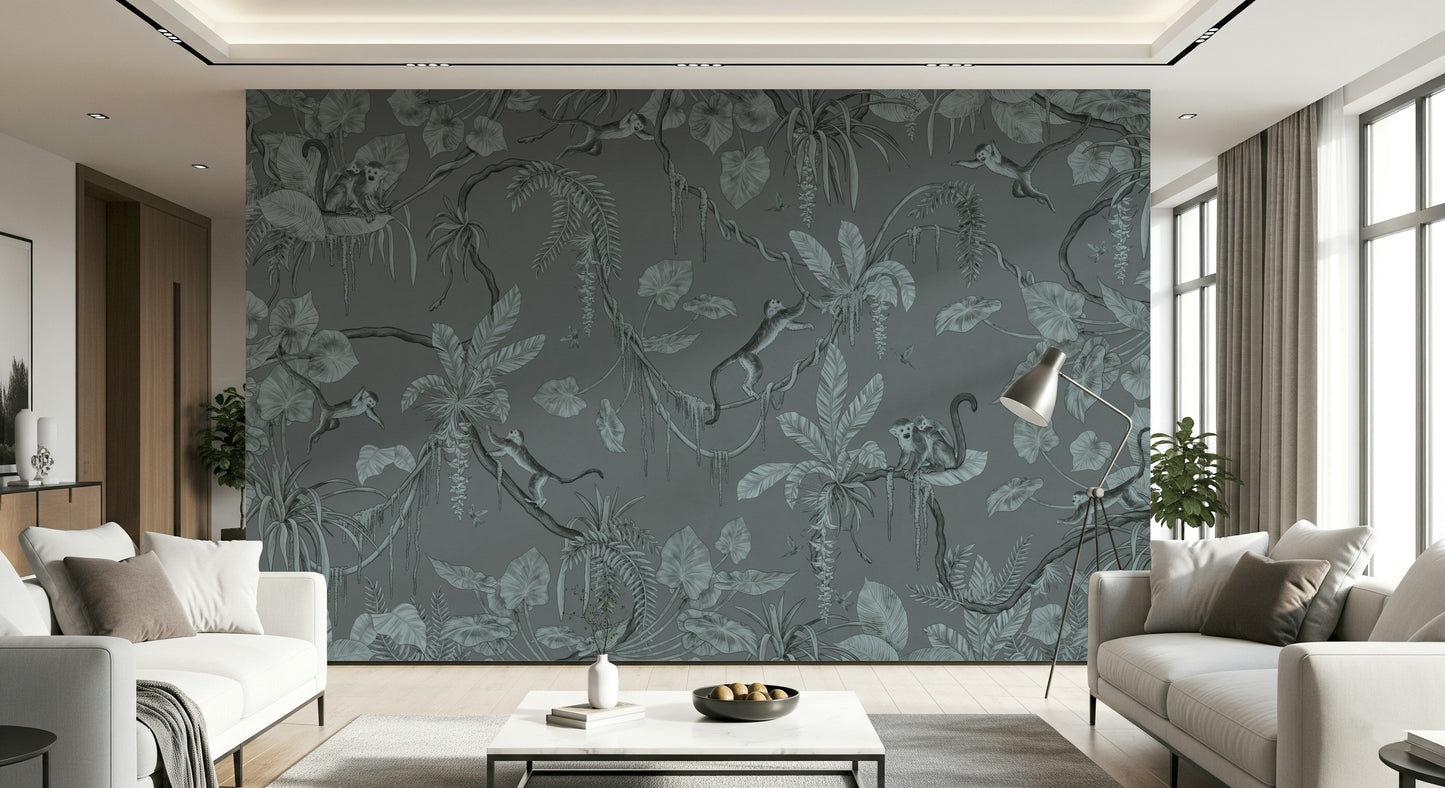 Detailed blue-toned mural of tropical jungle flora in artistic sketch style